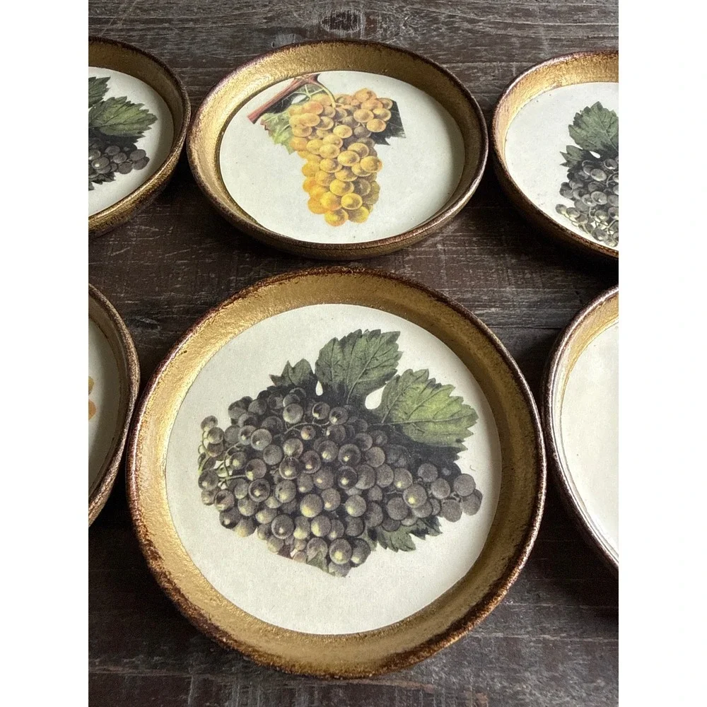 Horchow Italian Florentine Gilt Wood Grape Coasters Set of 6 Made in‎ Italy